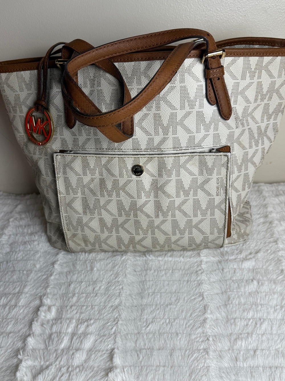 Michael Kors Brown and Ivory Logo Tote with Gold Hardware